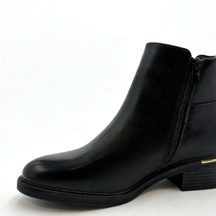 Elegant black ankle boot with side zipper and gold buckle and medium heel - lantian