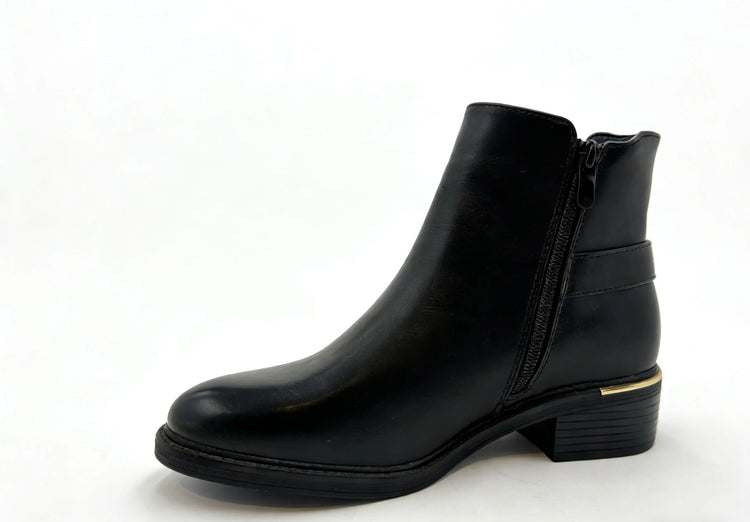 Elegant black ankle boot with side zipper and gold buckle and medium heel - lantian