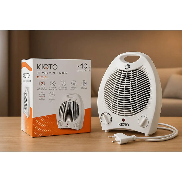 Portable Electric Heater CT2501 by hola led, 1000/2000W, features overheating and tilt safety, compact design (25 x 15 x 30 cm), lightweight (1.8 kg), perfect for bedrooms, offices, and small apartments.