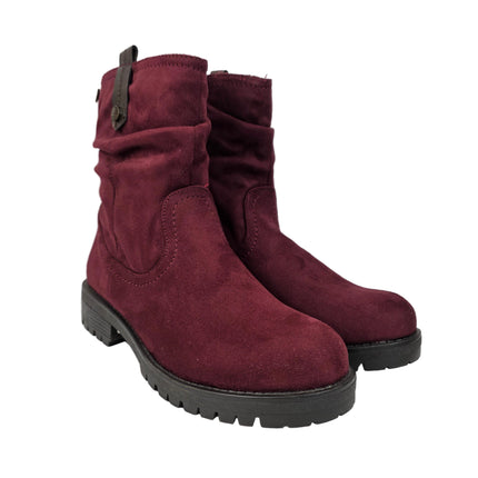 Xti women's mid-calf boots burgundy color casual boot suede slouchy style wrinkled sole track warm lining comfort leather insole