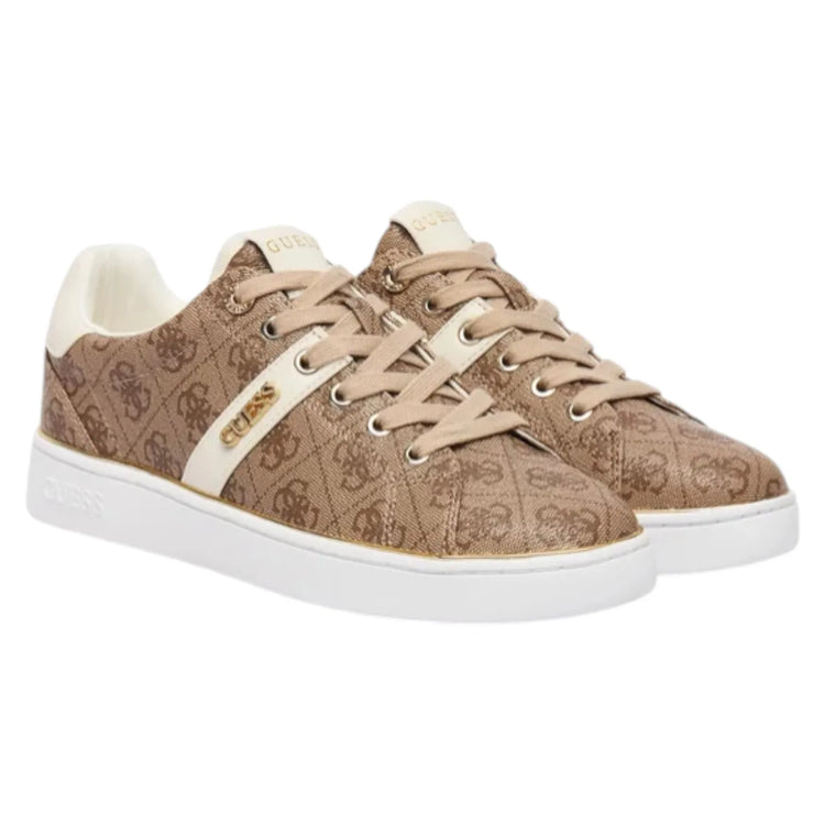 Guess Women's Beige White Britz 4G Logo Sneakers, featuring durable polyurethane upper, comfortable cotton lining, and 3 cm rubber sole, ideal for casual wear and everyday comfort.