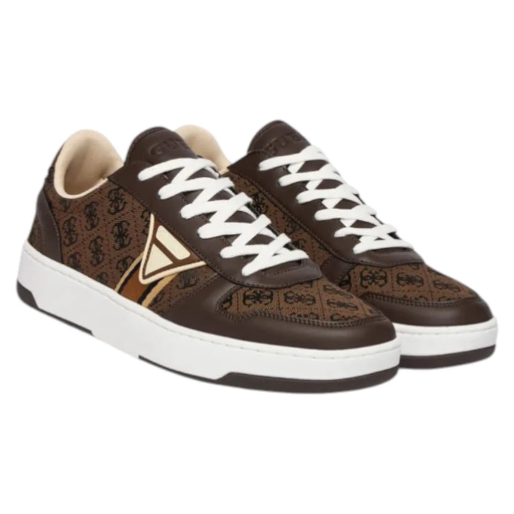 Guess Men's Sneakers Vincent 4G Triangle Logo Brown, made of leather and cotton with a round toe, 3.2 cm sole height, perfect for casual and athletic wear, ideal for autumn and spring seasons.