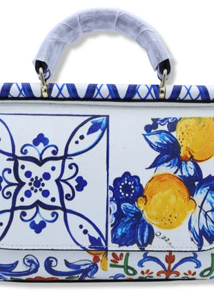 Borsa a tracolla con manico, decorazione in Maioliche siciliane e Limoni su sfondo bianco, disponibile in 2 misure.