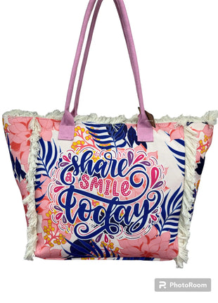 MIGLIORATA Borsa da spiaggia o da piscina grande con LEUCI stampe con la frase {HAN UN SMILE HOJE} con frange di cotone bianco, misura 55*37*19CM. contiene tasche interne e fodere. Tessuto 100% poliestere