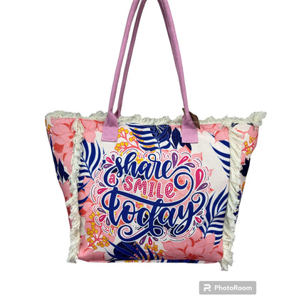 MIGLIORATA Borsa da spiaggia o da piscina grande con LEUCI stampe con la frase {HAN UN SMILE HOJE} con frange di cotone bianco, misura 55*37*19CM. contiene tasche interne e fodere. Tessuto 100% poliestere