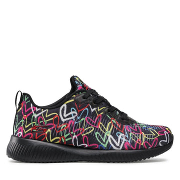 Skechers BOBS Squad Starry Love - Women's sneakers with a unique multicolor heart print by James Goldcrown, featuring breathable mesh upper, cushioned Memory Foam™ insole for comfort, and flexible rubber sole, perfect for c PlatiNum