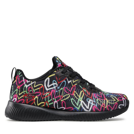 Skechers BOBS Squad Starry Love - Women's sneakers with a unique multicolor heart print by James Goldcrown, featuring breathable mesh upper, cushioned Memory Foam™ insole for comfort, and flexible rubber sole, perfect for c PlatiNum