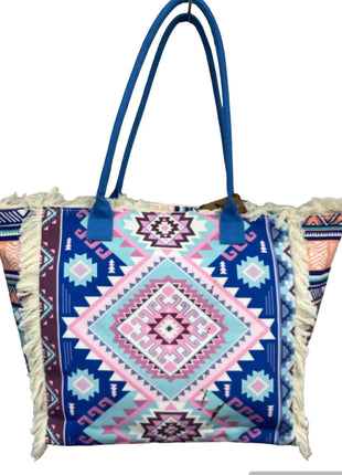 MIGLIORATA Borsa grande da spiaggia o piscina con stampe originali e frange di nappine in cotone bianco, dimensioni 55*37*19 cm. Dotata di tasche interne e fodera. Tessuto 100% poliestere.