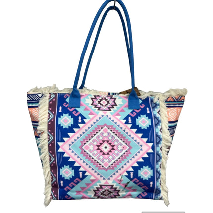 MIGLIORATA Borsa grande da spiaggia o piscina con stampe originali e frange di nappine in cotone bianco, dimensioni 55*37*19 cm. Dotata di tasche interne e fodera. Tessuto 100% poliestere.