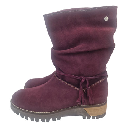 Top 3 women's mid-calf boots burgundy color casual boot suede leather made in spain slouchy style wrinkled tassels track 5 cm without zipper