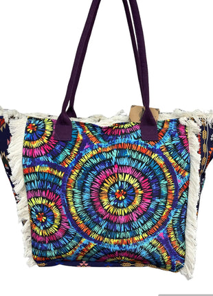 MIGLIORATA Borsa grande da spiaggia o piscina con stampe originali e frange di nappine in cotone bianco, dimensioni 55*37*19 cm. Dotata di tasche interne e fodera. Tessuto 100% poliestere.