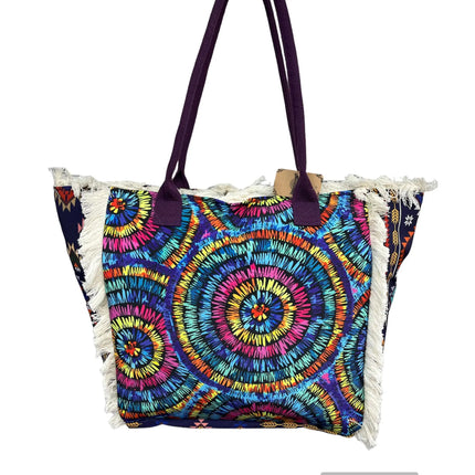 MIGLIORATA Borsa grande da spiaggia o piscina con stampe originali e frange di nappine in cotone bianco, dimensioni 55*37*19 cm. Dotata di tasche interne e fodera. Tessuto 100% poliestere.