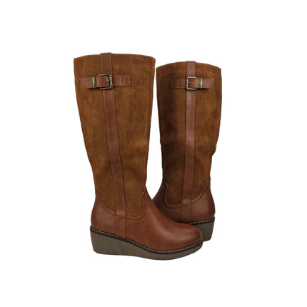 Pasarela concept women's high wedge boots camel color combined casual boot microfiber suede side buckle zipper lining hair comfort