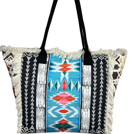 MIGLIORATA Borsa grande da spiaggia o piscina con stampe originali e frange di nappine in cotone bianco, dimensioni 55*37*19 cm. Dotata di tasche interne e fodera. Tessuto 100% poliestere.