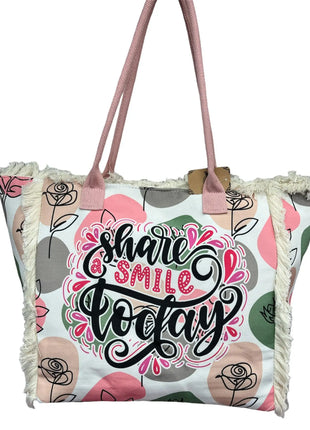 MIGLIORATA Borsa da spiaggia o da piscina grande con LEUCI stampe con la frase {HAN UN SMILE HOJE} con frange di cotone bianco, misura 55*37*19CM. contiene tasche interne e fodere. Tessuto 100% poliestere