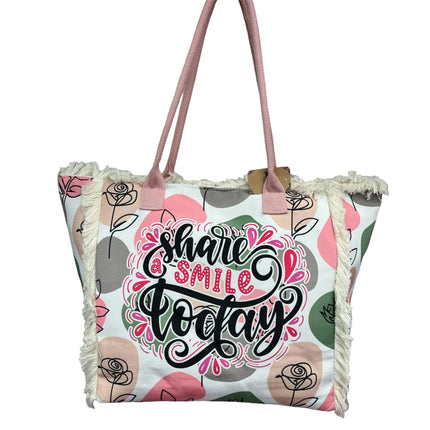 MIGLIORATA Borsa da spiaggia o da piscina grande con LEUCI stampe con la frase {HAN UN SMILE HOJE} con frange di cotone bianco, misura 55*37*19CM. contiene tasche interne e fodere. Tessuto 100% poliestere