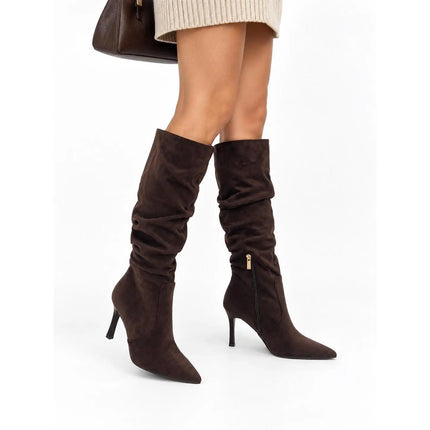 Women's brown suede stiletto heel high boots, elegant and sophisticated, modern wrinkled style-j6186