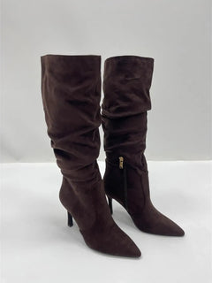 Women's brown suede stiletto heel high boots, elegant and sophisticated, modern wrinkled style-j6186