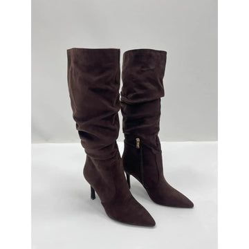 Women's brown suede stiletto heel high boots, elegant and sophisticated, modern wrinkled style-j6186