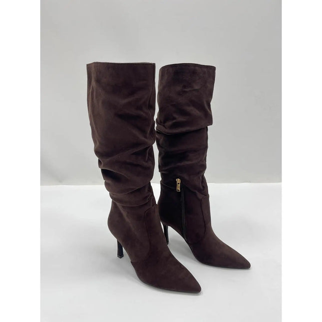 Women's brown suede stiletto heel high boots, elegant and sophisticated, modern wrinkled style-j6186