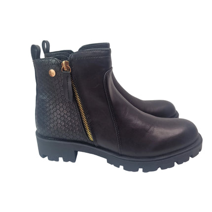 Xti women's track ankle boots color black military casual boot toothed sole snake engraving leather insole fur lining zipper comfort catwalk concept