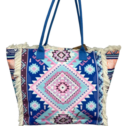 MIGLIORATA Borsa grande da spiaggia o piscina con stampe originali e frange di nappine in cotone bianco, dimensioni 55*37*19 cm. Dotata di tasche interne e fodera. Tessuto 100% poliestere.