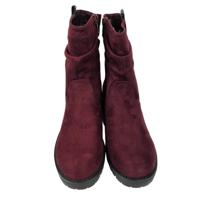 Xti women's mid-calf boots burgundy color casual boot suede slouchy style wrinkled sole track warm lining comfort leather insole