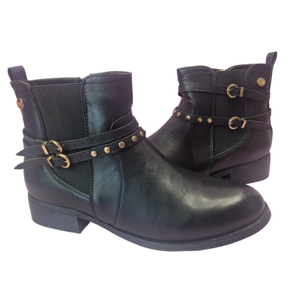 Xti women's chelsea boots black color casual biker boot gold studs buckle leather insole leopard lining zipper runway concept