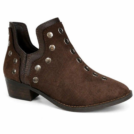 Black suede ankle boots for women with gold studs, low heel, fine toe and side zipper