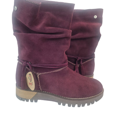 Top 3 women's mid-calf boots burgundy color casual boot suede leather made in spain slouchy style wrinkled tassels track 5 cm without zipper