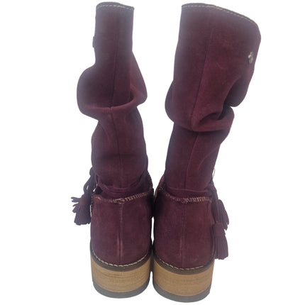Top 3 women's mid-calf boots burgundy color casual boot suede leather made in spain slouchy style wrinkled tassels track 5 cm without zipper