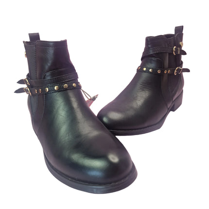 Xti women's chelsea boots black color casual biker boot gold studs buckle leather insole leopard lining zipper runway concept