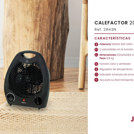 Jocca electric heater, portable, compact size, with 2 speeds of heat function, fan function, ambient temperature regulator and 2000w of power