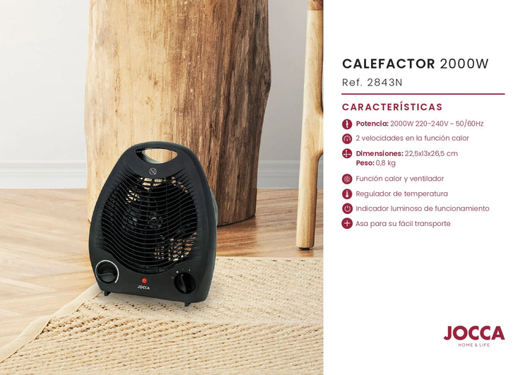 Jocca electric heater, portable, compact size, with 2 speeds of heat function, fan function, ambient temperature regulator and 2000w of power