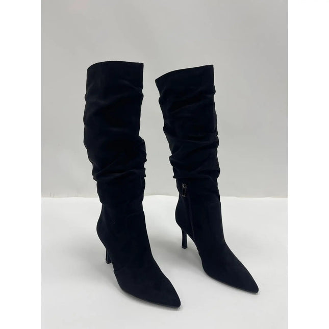 Women's black suede stiletto heel high boots elegant sophisticated modern wrinkled style-j6186