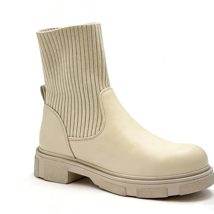 Beige ankle boot with elastic shaft and thick sole for women - lantian