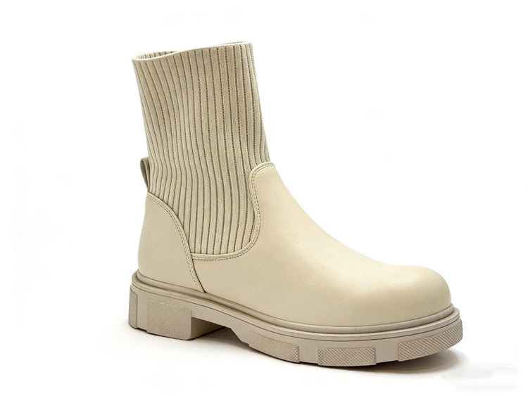 Beige ankle boot with elastic shaft and thick sole for women - lantian