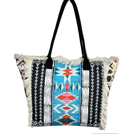 MIGLIORATA Borsa grande da spiaggia o piscina con stampe originali e frange di nappine in cotone bianco, dimensioni 55*37*19 cm. Dotata di tasche interne e fodera. Tessuto 100% poliestere.