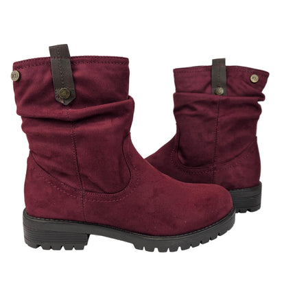 Xti women's mid-calf boots burgundy color casual boot suede slouchy style wrinkled sole track warm lining comfort leather insole