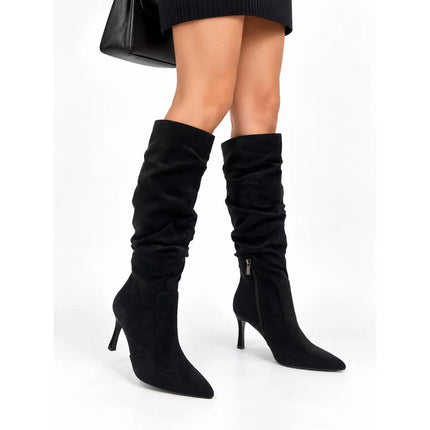 Women's black suede stiletto heel high boots elegant sophisticated modern wrinkled style-j6186