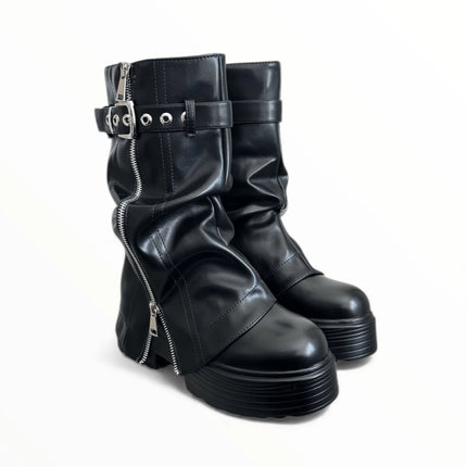 Kendall romanciaga platform women's boots y2k style with side and interior zipper, autumn winter fashion trend, buckle adjustment,