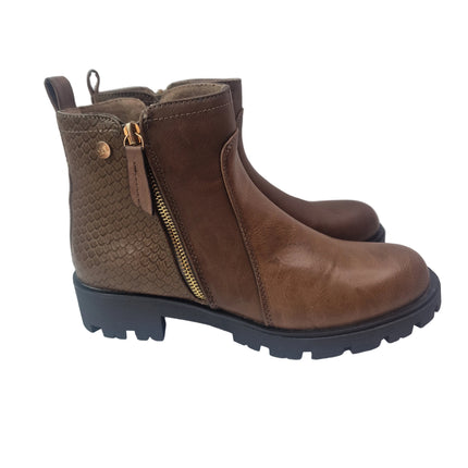 Xti track ankle boots women color brown casual military boot serrated sole microfiber snake engraving fur lining zipper comfort pasarela concept