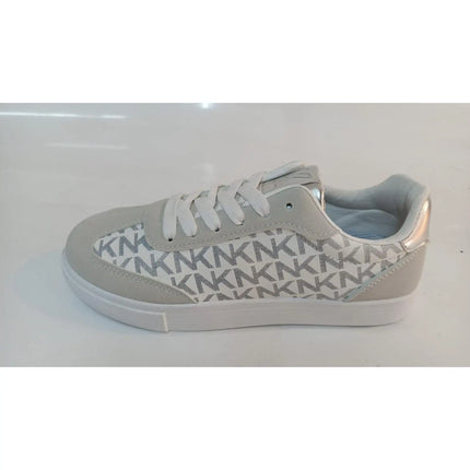 Stylish Comfortable Platform Sneakers for Women, made of synthetic material in white and light gray with a chic KMK monogram, perfect for casual wear and versatile enough to pair with jeans or dresses.