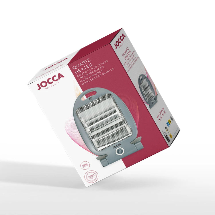 Halogen electric heater Jocca with quartz bars, ideal for small rooms like offices, bathrooms, or kitchens; 800W power, compact, foldable design, and includes safety features like a tip-over switch and a safety grid.