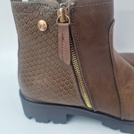 Xti track ankle boots women color brown casual military boot serrated sole microfiber snake engraving fur lining zipper comfort pasarela concept