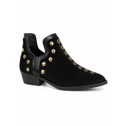 Black suede ankle boots for women with gold studs, low heel, fine toe and side zipper