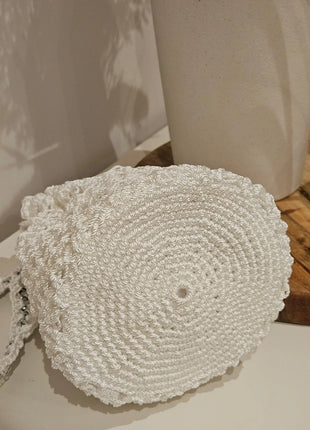 Borsa per Confetti da Sposa in Crochet Bianco, Design Fatto a Mano con Chiusura Regolabile e Manico Intrecciato, Stile Romantico ed Elegante, Ideale per Matrimoni ed Eventi Speciali