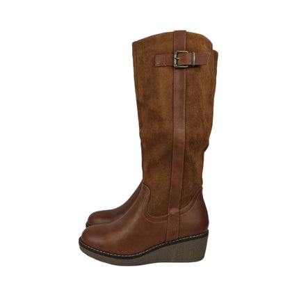 Pasarela concept women's high wedge boots camel color combined casual boot microfiber suede side buckle zipper lining hair comfort