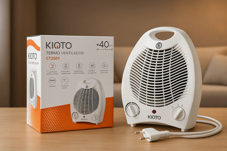 Portable Electric Heater CT2501 by hola led, 1000/2000W, features overheating and tilt safety, compact design (25 x 15 x 30 cm), lightweight (1.8 kg), perfect for bedrooms, offices, and small apartments.