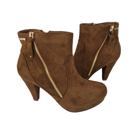 Xti hoyvoy women's high heel ankle boots camel color casual boot suede diagonal zipper cone heel 8.5 cm platform comfort leather insole